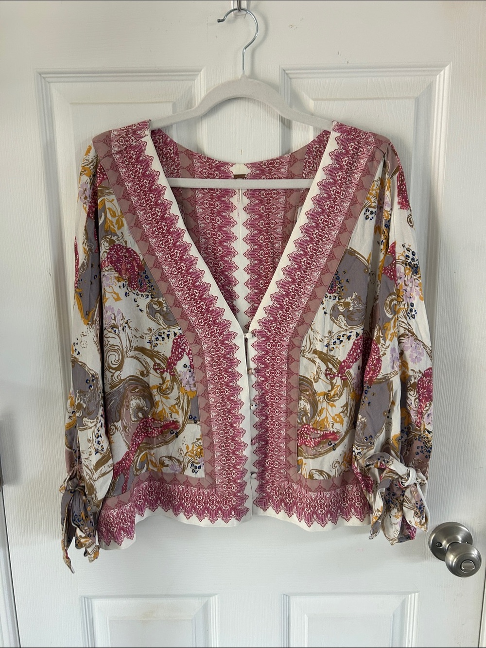 Free People Cream, Pink & Gold Paisley V-Neck Tie-Sleeve Blouse